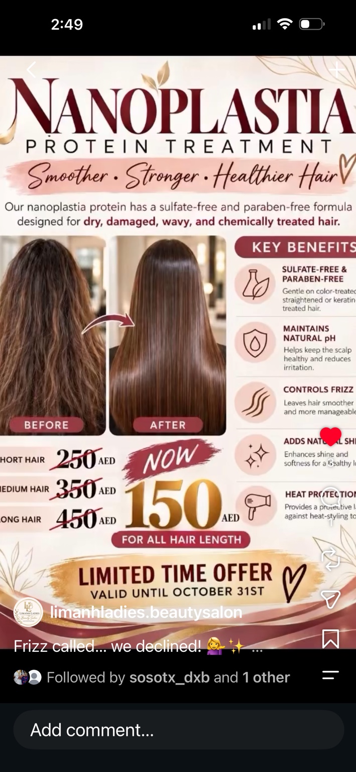 Limanh nanoplastia protein treatment promotion: now AED 150 for all hair lengths. Limited time offer valid until 31 October.